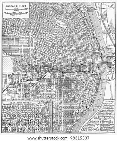 Vintage map of St. Louis center -  Picture from Meyers Lexicon books collection (written in German language ) published in 1909, Germany.