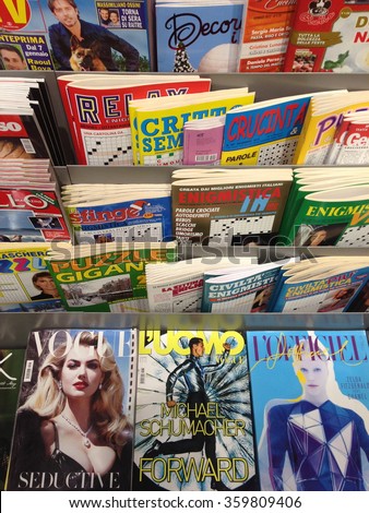 Cologne,Germany- January 5,2013: Popular italian magazines and entertainment media in italian language on display in a store in Cologne,Germany