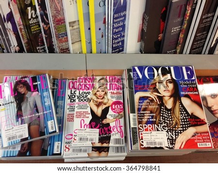 Cologne,Germany- February 23,2013: Popular british magazines in english language on display in a store in Cologne,Germany
