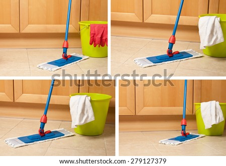 Set of house items for cleaning, bucket, mop, gloves near kitchen furniture on floor