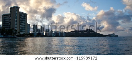Waikiki Beach and Diamond Head in the early morning light. Oahu, Hawaii, USA.