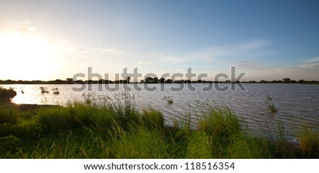 A landscape of a marsh, lake and mountains. Manyara Ranch Conservancy, Tanzania.