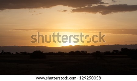 The sun sets on the serengeti savannah. Tanzania