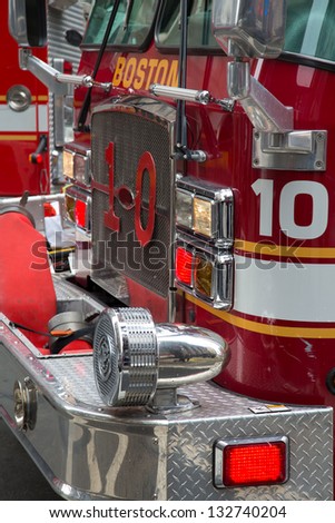 The detail on the front of a Fire Engine at a response to a fire alarm. Boston, MA