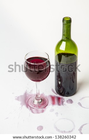 A full glass of Red wine with the bottle and stained white background.