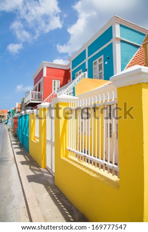 The bright colors of the dutch architecture in the city of Willemstad, Curacao.