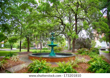 A fountain flows on a stormy day in Savannah, Georgia.