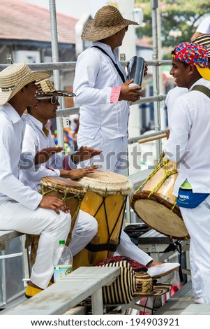 Barranquilla, Colombia - March 1, 2014 - Musicians play traditional samba music in the palcos during the Battalla de Flores, Carnival de Barranquilla.