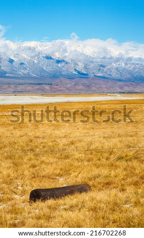 The fields of an old farm at the foot of the Eastern Sieraa Nevada Mountain Range. California, USA