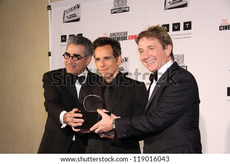 BEVERLY HILLS, CA - NOVEMBER 15, 2012: Ben Stiller is presented an award by Martin Short and Eugene Levy at the American Cinematheque Awards on November 15, 2012 in Beverly Hills, Ca.