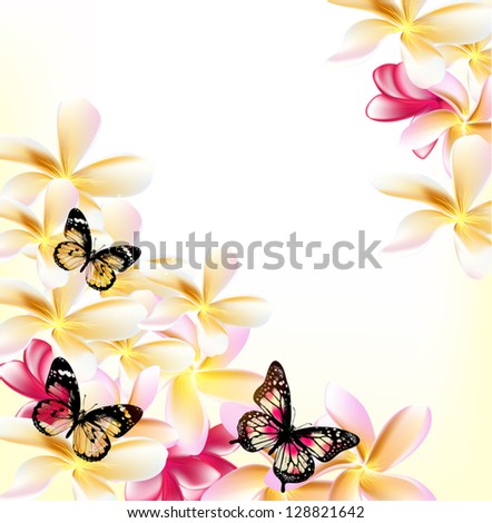 Pink gardenia flowers and butterflies on white background for design