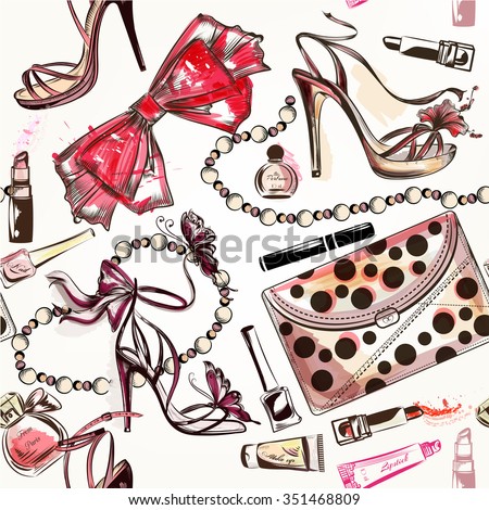 Fashion vector seamless background with pink hand drawn female shoes lipstick perfume and other cosmetics