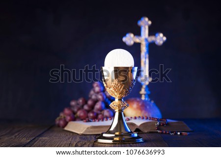 Christianity symbols composition. First Holy Communion. Religion theme.