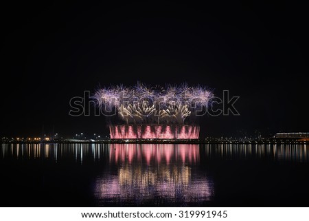 Fireworks explode above the stadium during the Closing Ceremony for the Baku 2015 European Games.\
One of three available images taken from this viewpoint on 28 June, 2015.