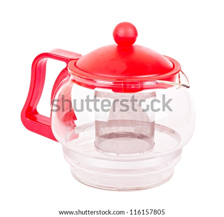 The closeup empty transparent plastic teapot with a red cover and a handle isolated
