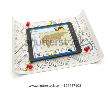 Online maps of various cities. Tablet PC with a site map and a map of the city of close-up on white background