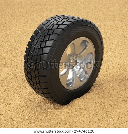 3d illustration. Car tire in the sand. Winter tires