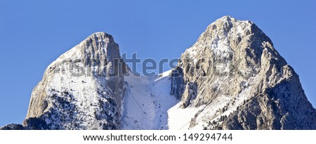 El Pedraforca, Photo of the mountain top with snow in winter. You can see upper \