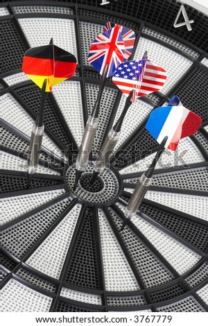 four darts in the colours of different flags