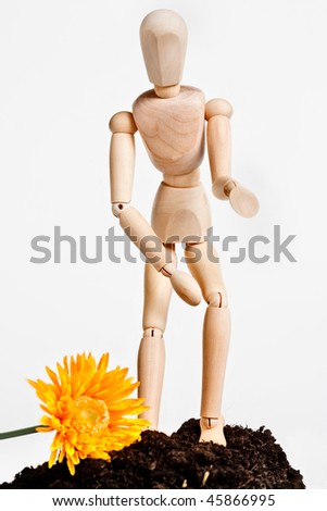 Wooden figure  pay no attention about flowers