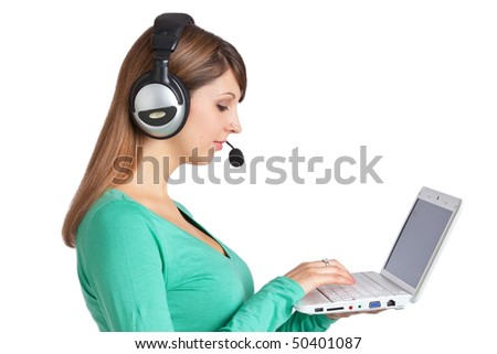 Friendly young woman with headset offers online help