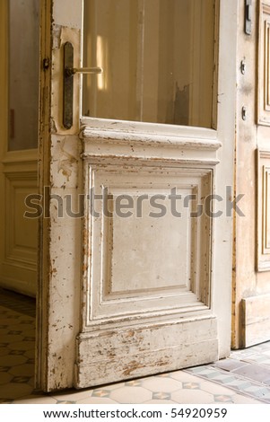cutout of an open door made of wood with a window