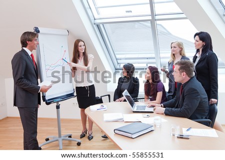 employees are looking at the flipchart while the boss is demonstrating something