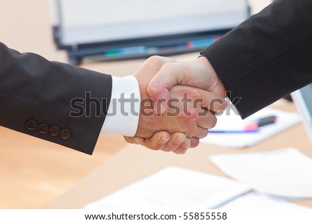 the boss is shaking hands with a new business client