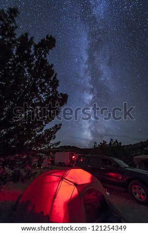 The Milky Way stands up straight over the viewing field and camping tents at an Oklahoma Star Party