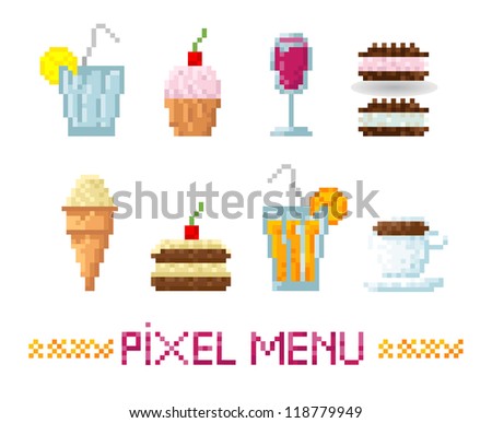 Pixel food-Elements for the menu-Cocktai- coffee-lemonade-wine-cookies-cake.