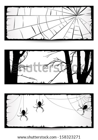 Halloween party. Poster happy holiday. Set of flyers for a holiday, invitation. Halloween vector card or background. Vector silhouette tree,  branches,  web, spider