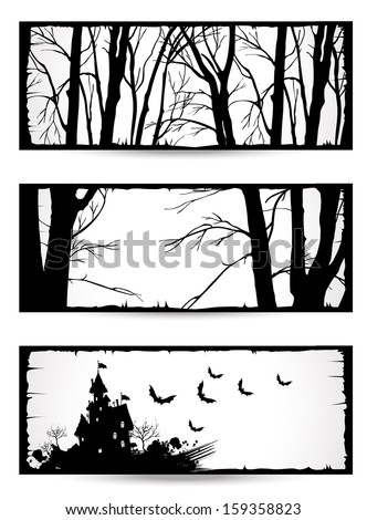 Halloween party. Poster happy holiday. Set of flyers for a holiday, invitation. Halloween vector card or background. Vector silhouette tree,  branches, castle