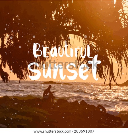 Vector illustration of a beach landscape. Summer sunset by the sea. Beautiful sunset with silhouettes of palm trees.