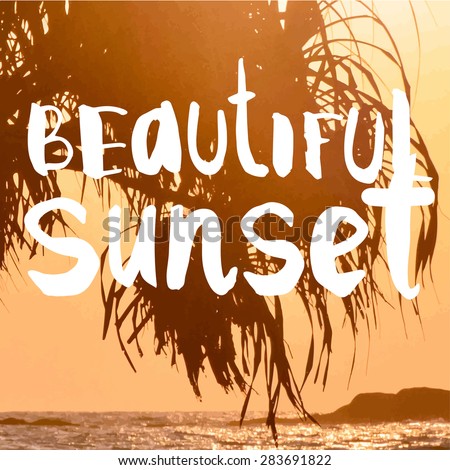 Vector illustration of a beach landscape. Summer sunset by the sea. Beautiful sunset with silhouettes of palm trees.