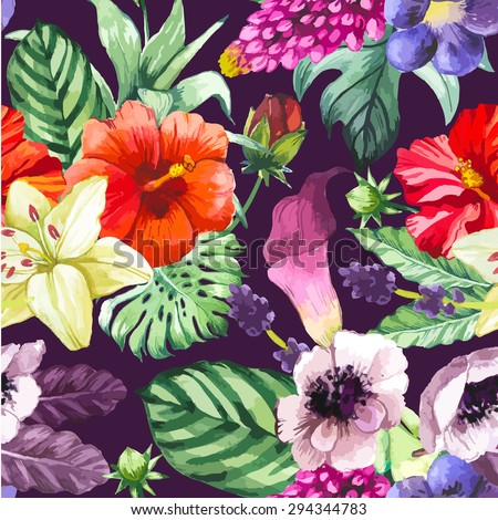 Vector illustration with watercolor flowers. Beautiful seamless background with tropical flowers and plants on black. Composition with calla lily, chinese hibiscus, anemone and leaves.