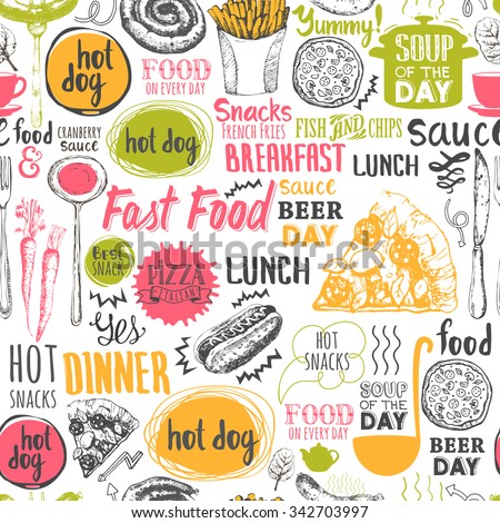 Seamless background with fastfood symbols. Menu pattern. Vector Illustration with funny food lettering and labels on white background. Decorative elements for your packing design. Multicolor decor.