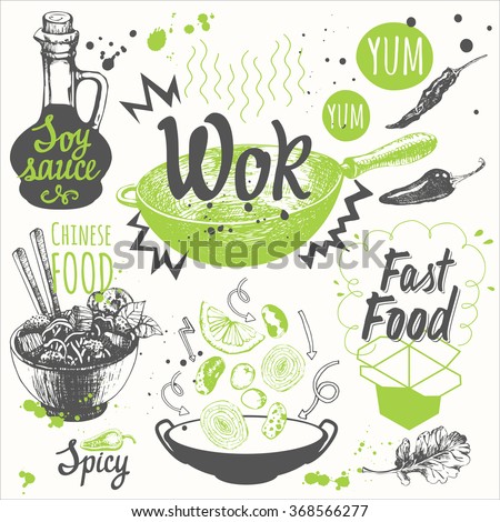 Sketch set with wok pan, chinese noodles, ginger, soy sauce. Funny labels asian fast food symbols. Vector food illustration with wok products.