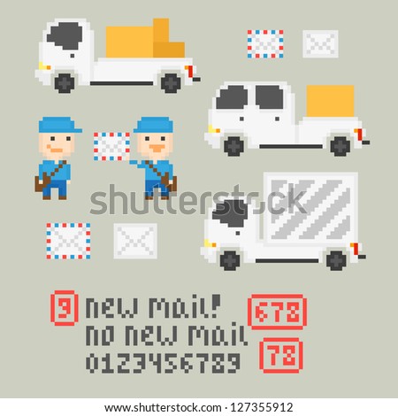 Pixel art icons with mail service, raster version