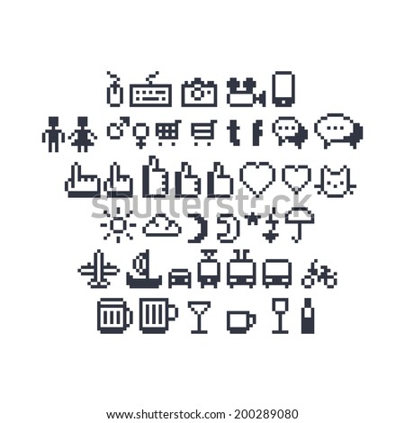 Pixel art contour black and white input devices social networks message bubbles hand pointing index finger and thumbs up likes weather beer and coffee mugs cocktail glasses and other UI icons Pixel art contour black and white input devices social networks message bubbles hand pointing index finger and thumbs up likes weather beer and coffee mugs cocktail glasses and other UI icons