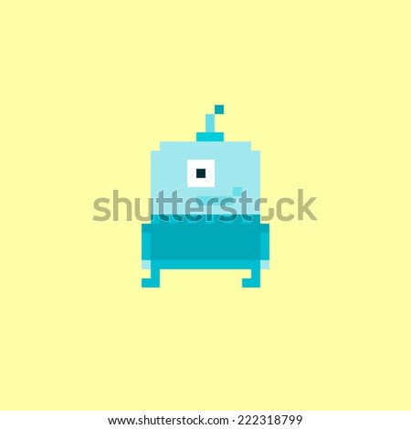 Pixel art blue alien character isolated on yellow background Pixel art blue alien character isolated on yellow background