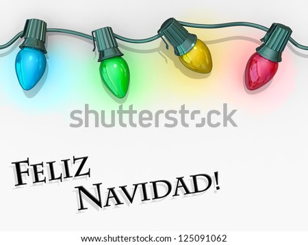 Christmas lights strong along the top of the image with Merry Christmas - Spanish Language below.