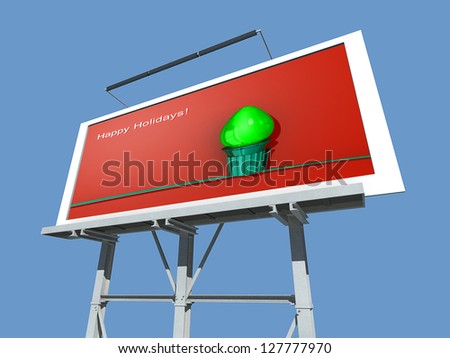 A Billboard with A Christmas Light in front of a red background with Happy Holidays.