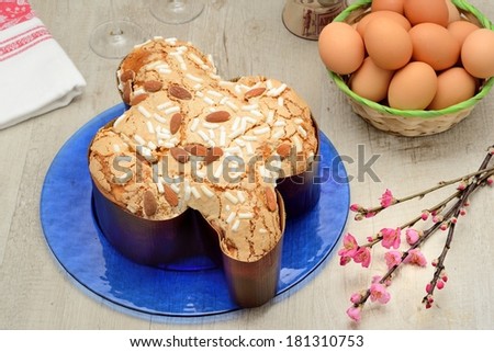 Easter dove cake with eggs and peach flowers
