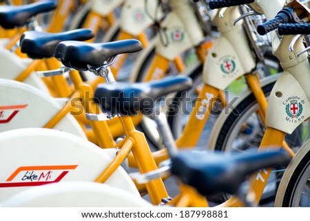 MILAN, ITALY - APRIL 13, 2014: Photo of a new area of bike sharing in Milan created to meet the needs of the international \