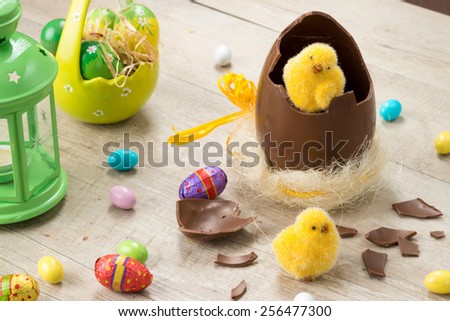 chicks and chocolate eggs easter