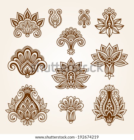 Ornamental flowers Vector set with floral elements in vintage style Indian mendie Ornamental flowers Vector set with floral elements in vintage style Indian mendie