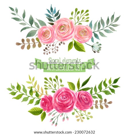 Vector flowers set. Colorful floral collection with leaves and flowers, drawing watercolor. Spring or summer design for invitation, wedding or greeting cards