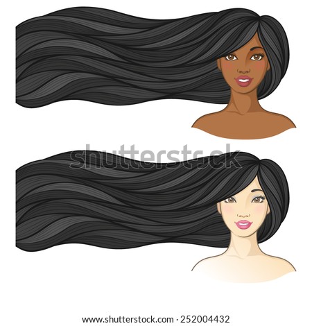 Girls with beautiful hair. Vector illustration for barber shops, beauty salons, spa salons. Horizontal banners with young African American women and Asian women