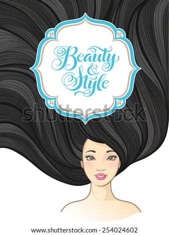 Girl with beautiful hair. Vector illustration for barber shops, beauty salons, spa salons. Hairstyle banners with young Asian women and calligraphic inscription 