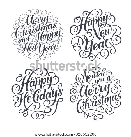 Vector Christmas set of holidays lettering. Merry Christmas and Happy New Year text lettering for invitation and greeting card, prints and posters. Hand drawn typographic inscriptions
